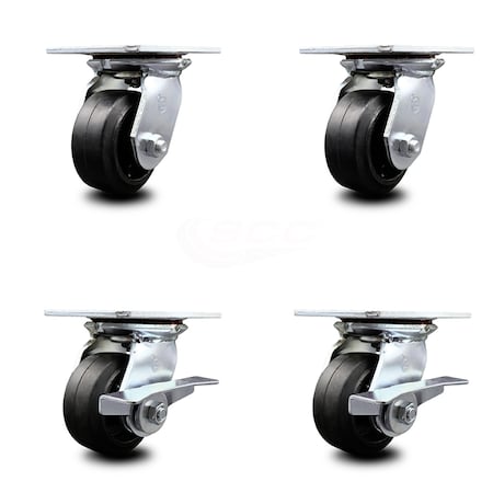 4 Inch Rubber On Steel Swivel Caster Set With Ball Bearings 2 Brakes SCC
